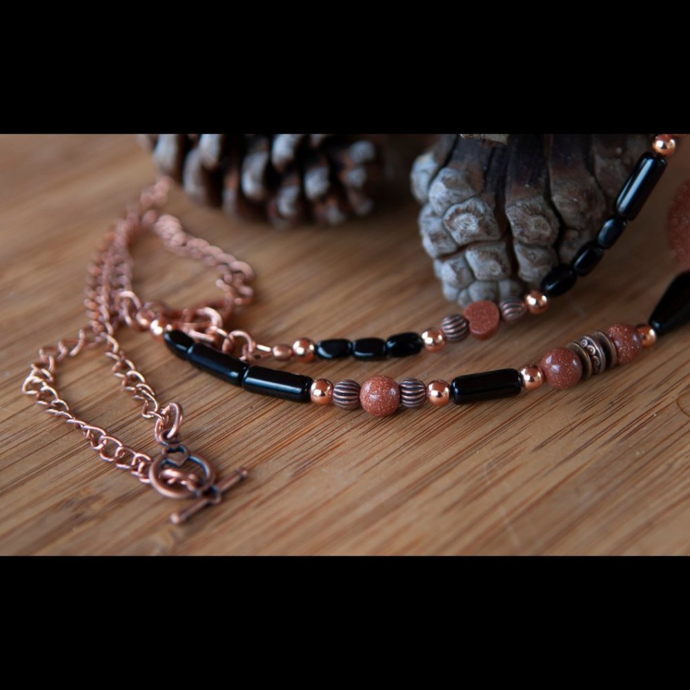 NEW Handmade- Necklace of Goldstone, Copper Tone Metal and Black Glass Beads - Picture 8 of 8